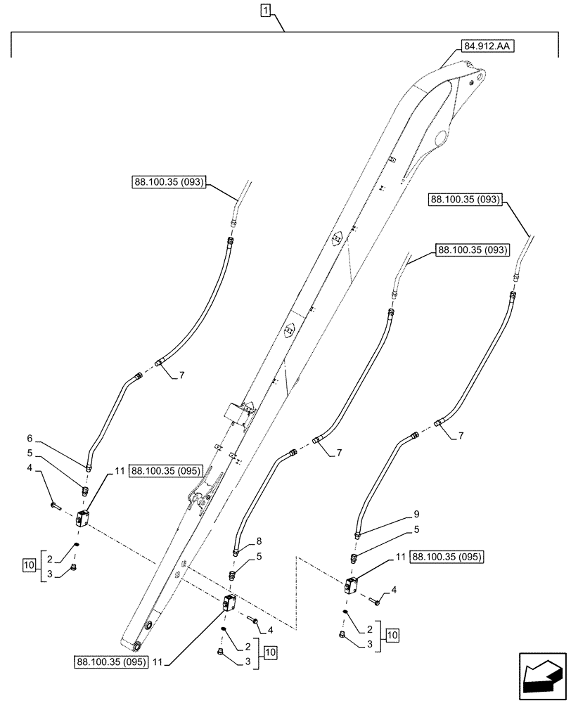 Схема запчастей Case CX250D LC LR - (88.100.35[094]) - DIA KIT, CLAMSHELL BUCKET, ROTATION, W/ ELECTRICAL PROPORTIONAL CONTROL, ARM, LINE, STOP, VALVE (88) - ACCESSORIES