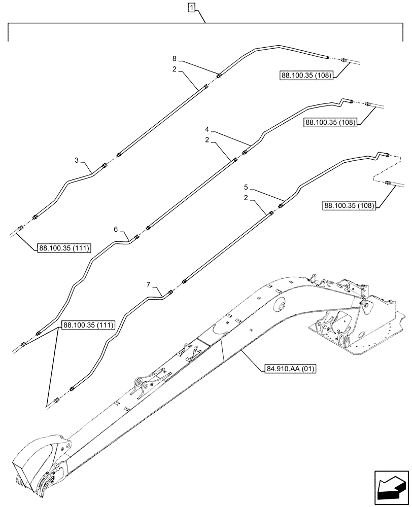 Схема запчастей Case CX210D LC LR - (88.100.35[104]) - DIA KIT, CLAMSHELL BUCKET, ROTATION, W/ HYDRAULIC CONTROL, BOOM, LINE (88) - ACCESSORIES