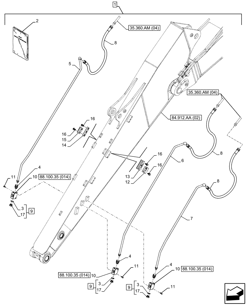 Схема запчастей Case CX300D LC - (88.100.35[013]) - DIA KIT, CLAMSHELL BUCKET, ROTATION, W/ ELECTRICAL PROPORTIONAL CONTROL, LINE, ARM (L=3.66M) (88) - ACCESSORIES