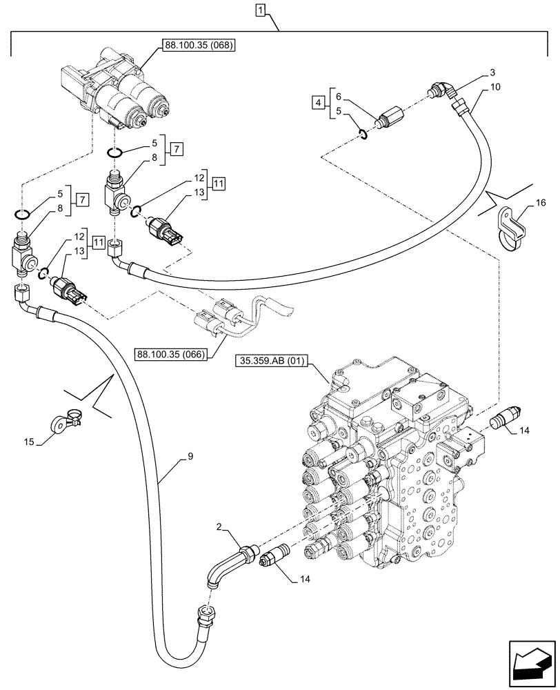 Схема запчастей Case CX160D LC - (88.100.35[075]) - DIA KIT, AUXILIARY CIRCUIT, SHEARS, W/ ELECTRICAL PROPORTIONAL CONTROL, SOLENOID VALVE, REDUCER, LINE, PRESSURE RELIEF VALVE, SENSOR (88) - ACCESSORIES