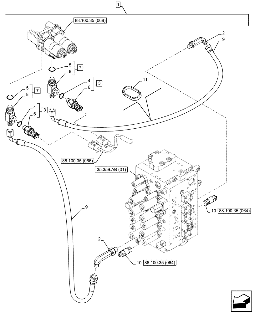 Схема запчастей Case CX250D LC LR - (88.100.35[063]) - DIA KIT, AUXILIARY CIRCUIT, SHEARS, W/ ELECTRICAL PROPORTIONAL CONTROL, REDUCER, LINE, PRESSURE RELIEF VALVE, SENSOR (88) - ACCESSORIES