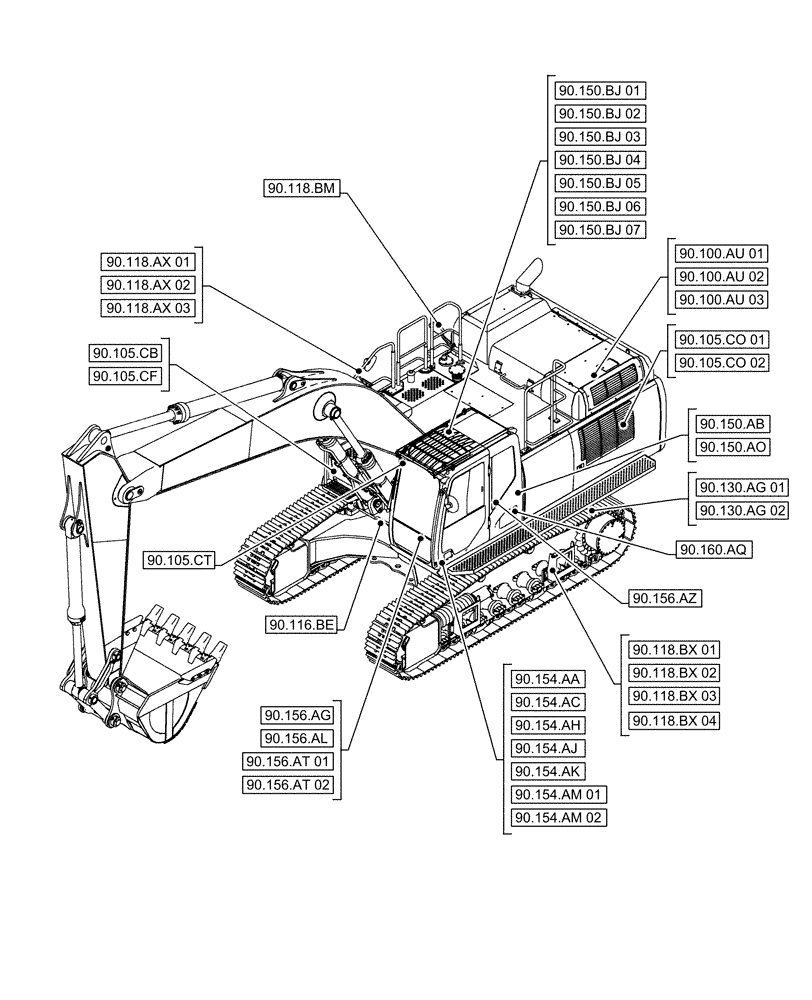 Схема запчастей Case CX490D RTC - (90.000.00[03]) - SECTION INDEX - PLATFORM, CAB, BODYWORK & DECALS (90) - PLATFORM, CAB, BODYWORK AND DECALS