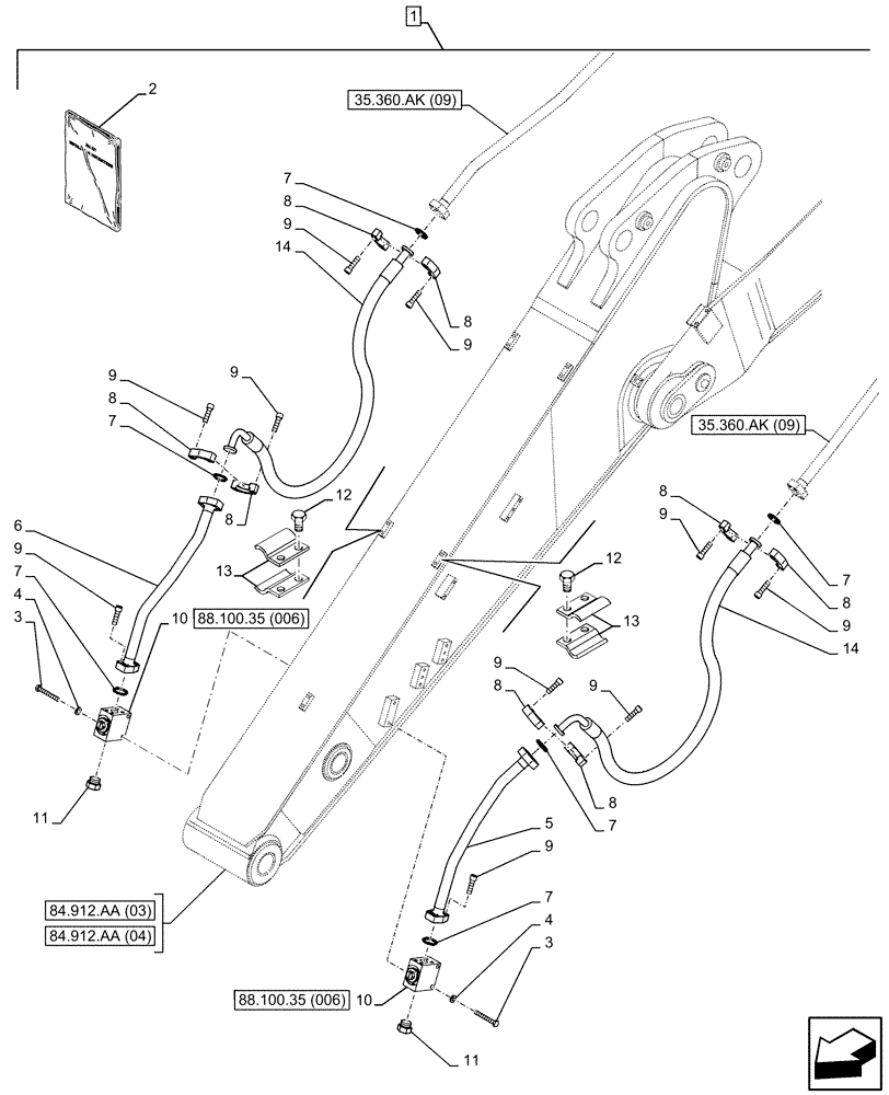Схема запчастей Case CX350D LC - (88.100.35[005]) - DIA KIT, HAMMER CIRCUIT, SHEARS, HIGH FLOW, W/ ELECTRICAL PROPORTIONAL CONTROL, LINE, ARM (L=2.65M) (88) - ACCESSORIES