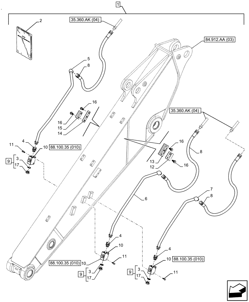 Схема запчастей Case CX250D LC - (88.100.35[009]) - DIA KIT, CLAMSHELL BUCKET, ROTATION, W/ ELECTRICAL PROPORTIONAL CONTROL, LINE, ARM (L=2.5M) (88) - ACCESSORIES