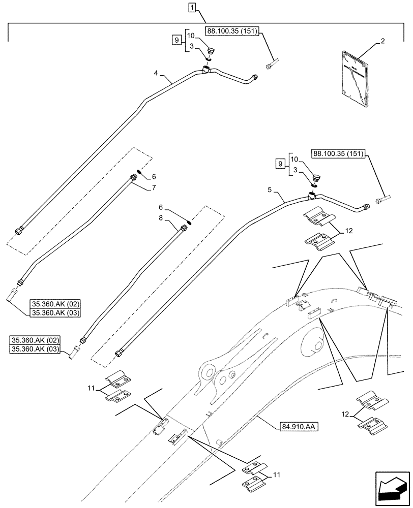 Схема запчастей Case CX250D LC - (88.100.35[150]) - DIA KIT, HAMMER CIRCUIT, HIGH FLOW, SHEARS, W/ ELECTRICAL PROPORTIONAL CONTROL, BOOM, LINE (88) - ACCESSORIES