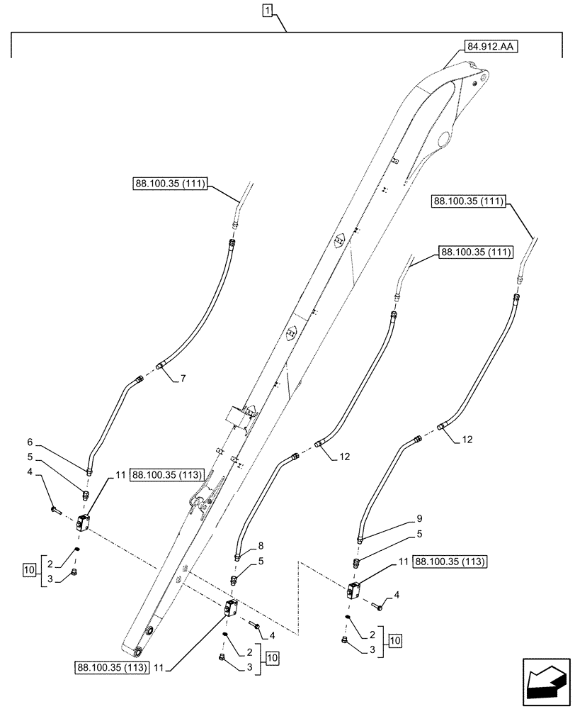 Схема запчастей Case CX250D LC LR - (88.100.35[112]) - DIA KIT, CLAMSHELL BUCKET, ROTATION, W/ HYDRAULIC CONTROL, ARM, LINE, STOP, VALVE (88) - ACCESSORIES