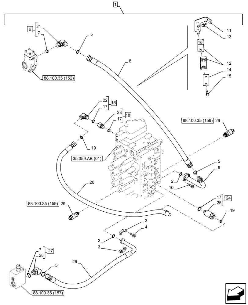 Схема запчастей Case CX350D LC - (88.100.35[156]) - DIA KIT, HAMMER CIRCUIT, HIGH FLOW, SHEARS, W/ ELECTRICAL PROPORTIONAL CONTROL, DIRECTIONAL CONTROL VALVE, RELIEF VALVE, LINE (88) - ACCESSORIES