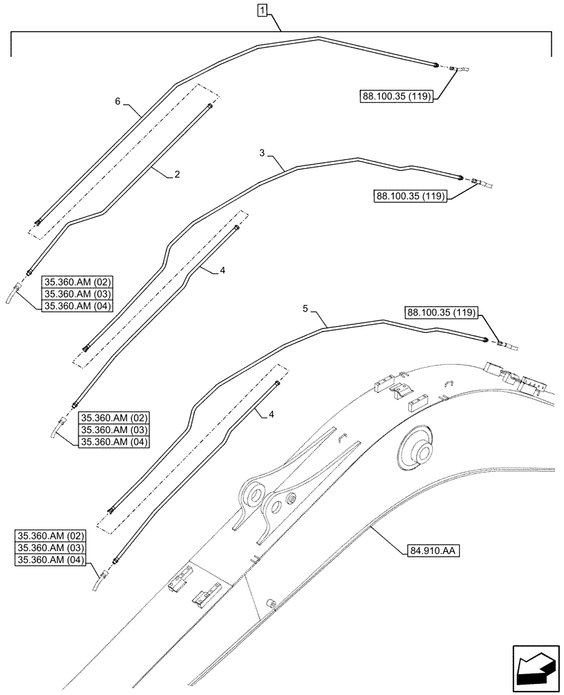 Схема запчастей Case CX130D - (88.100.35[123]) - DIA KIT, CLAMSHELL BUCKET, ROTATION, W/ ELECTRICAL PROPORTIONAL CONTROL, BOOM, LINE (88) - ACCESSORIES