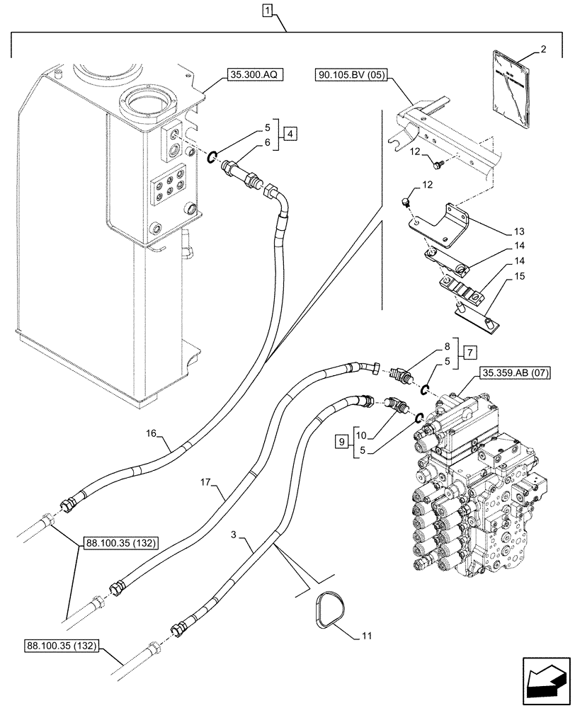 Схема запчастей Case CX130D - (88.100.35[125]) - DIA KIT, CLAMSHELL BUCKET, ROTATION, W/ ELECTRICAL PROPORTIONAL CONTROL, HYDRAULIC LINE (88) - ACCESSORIES