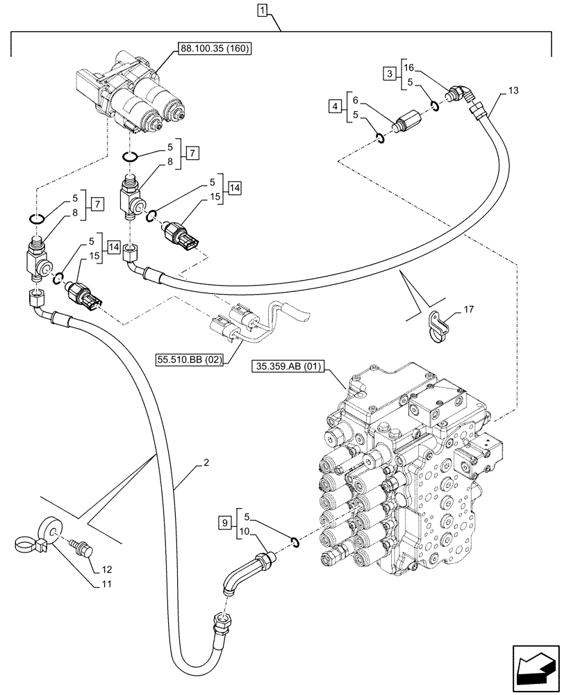 Схема запчастей Case CX160D LC - (88.100.35[162]) - DIA KIT, HAMMER CIRCUIT, HIGH FLOW, SHEARS, W/ ELECTRICAL PROPORTIONAL CONTROL, SOLENOID VALVE, REDUCER, LINE, PRESSURE RELIEF VALVE, SENSOR (88) - ACCESSORIES