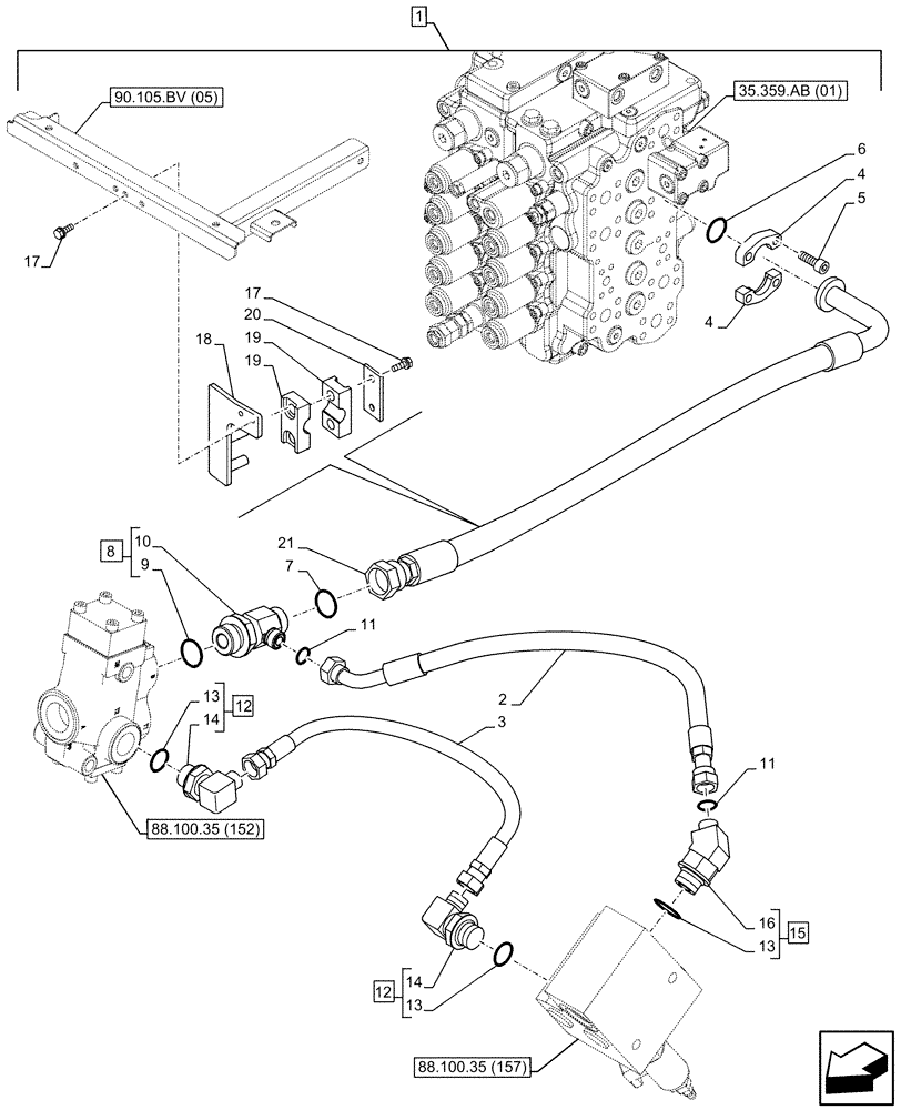 Схема запчастей Case CX160D LC - (88.100.35[154]) - DIA KIT, HAMMER CIRCUIT, HIGH FLOW, SHEARS, W/ ELECTRICAL PROPORTIONAL CONTROL, DIRECTIONAL CONTROL VALVE, LINE (88) - ACCESSORIES