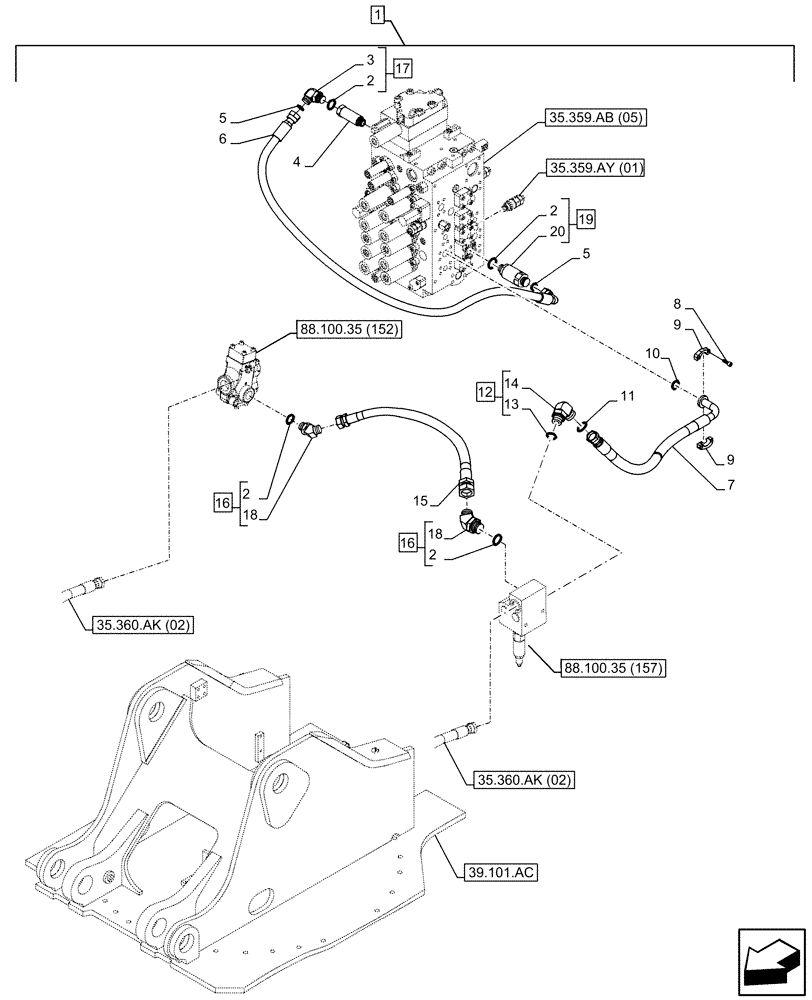 Схема запчастей Case CX300D LC - (88.100.35[156]) - DIA KIT, HAMMER CIRCUIT, HIGH FLOW, SHEARS, W/ ELECTRICAL PROPORTIONAL CONTROL, DIRECTIONAL CONTROL VALVE, RELIEF VALVE, LINE (88) - ACCESSORIES