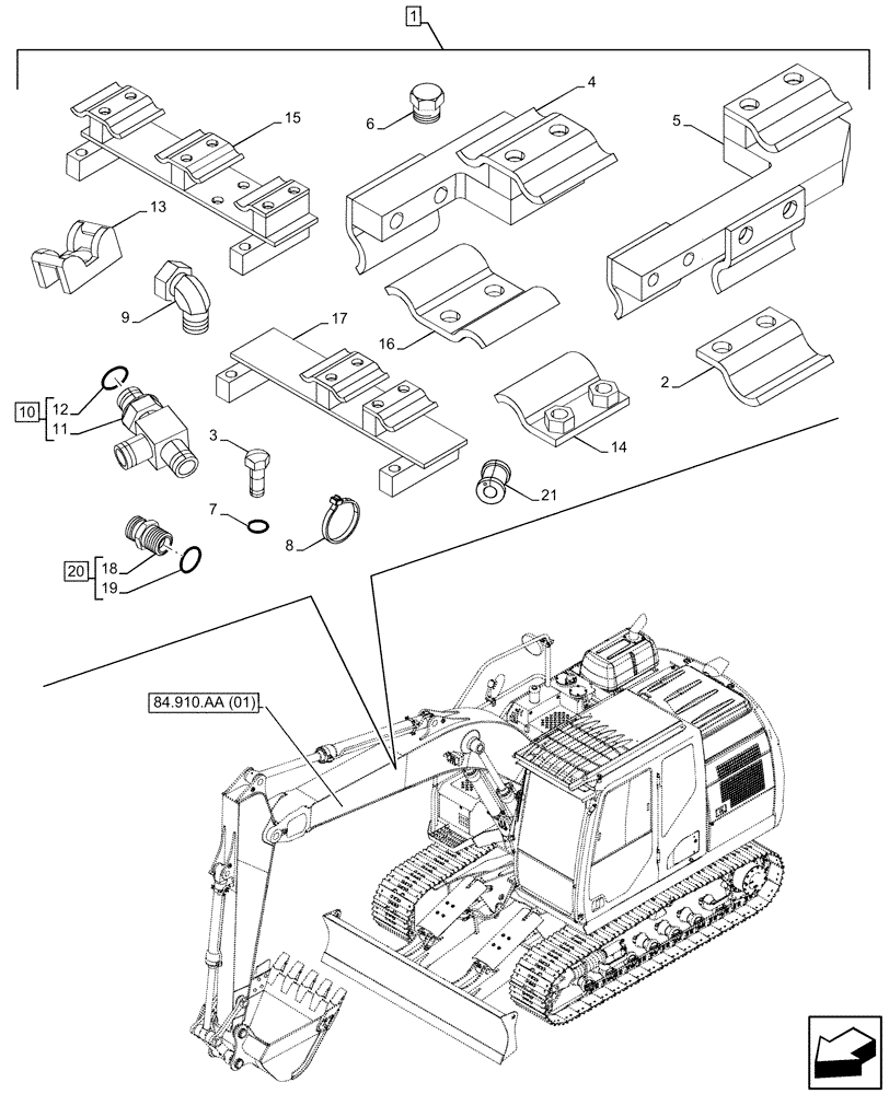 Схема запчастей Case CX350D LC - (88.100.35[103]) - DIA KIT, CLAMSHELL BUCKET, ROTATION, W/ ELECTRICAL PROPORTIONAL CONTROL, CLAMP, PLUG, ADAPTER, TEE (88) - ACCESSORIES