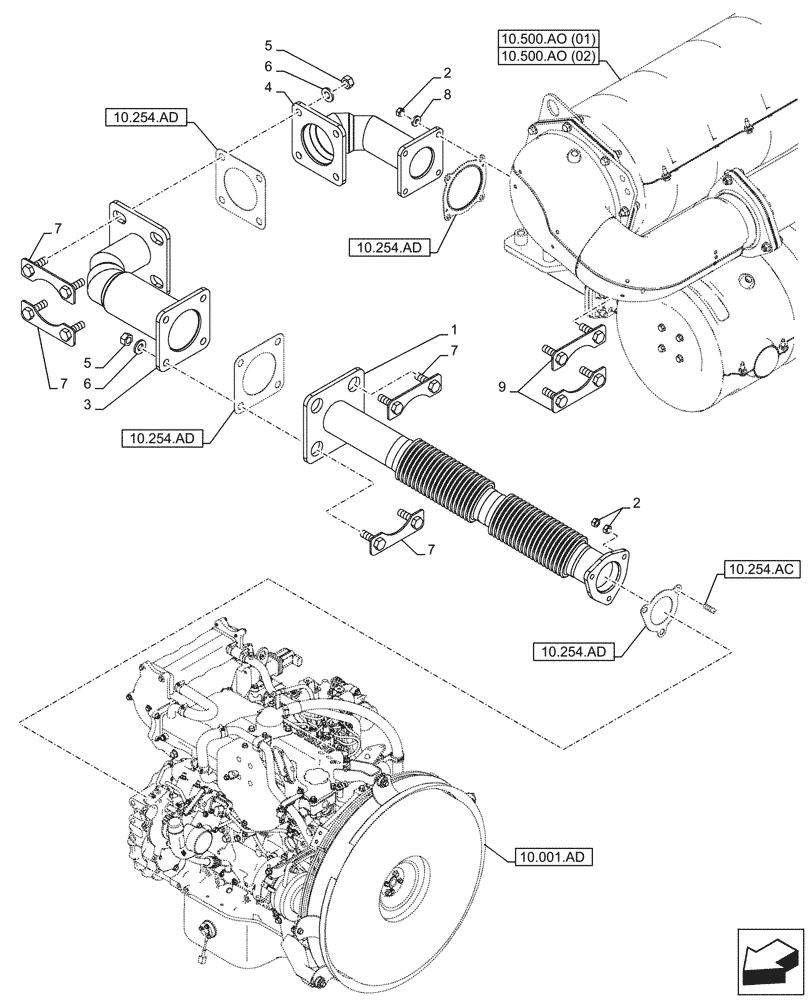 Схема запчастей Case CX210D NLC - (10.254.AD[01]) - EXHAUST SYSTEM, EXHAUST PIPE (10) - ENGINE