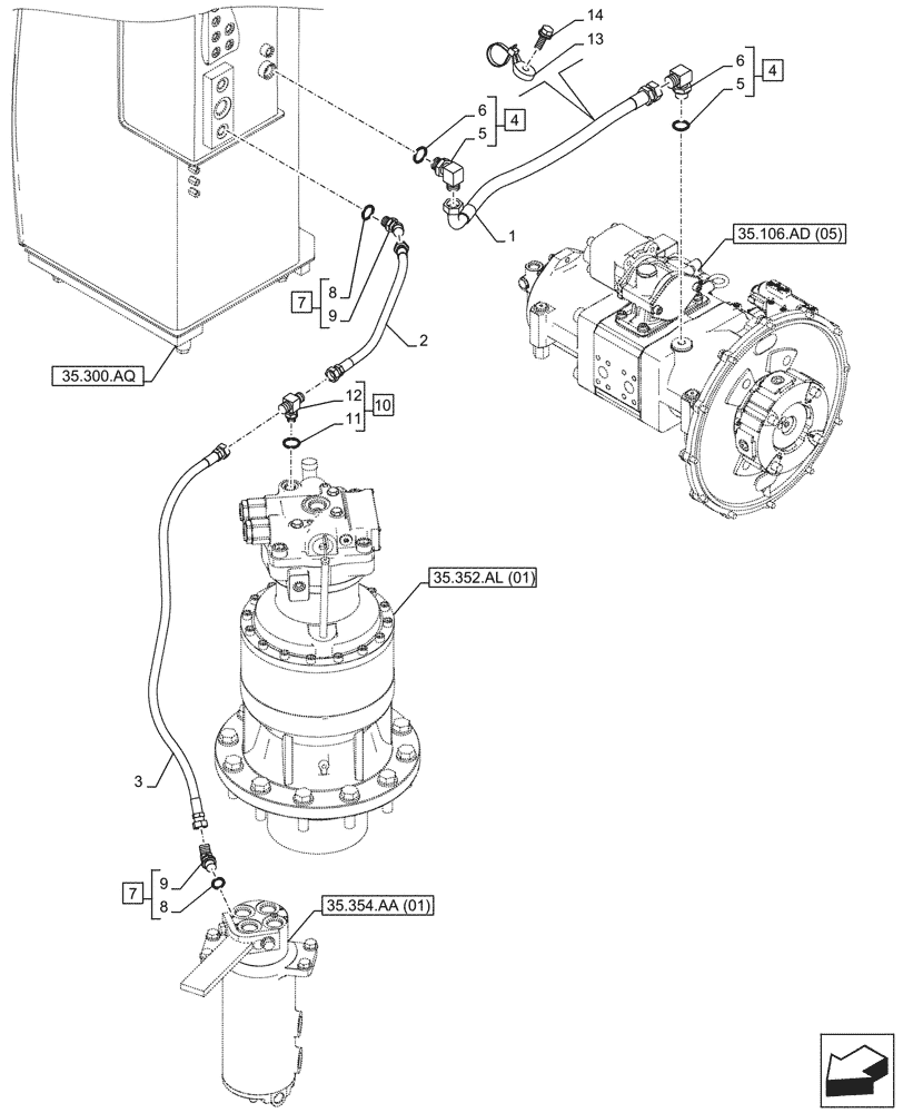 Схема запчастей Case CX210D NLC - (35.352.AI[01]) - MOTO-REDUCTION GEAR, LINES (35) - HYDRAULIC SYSTEMS