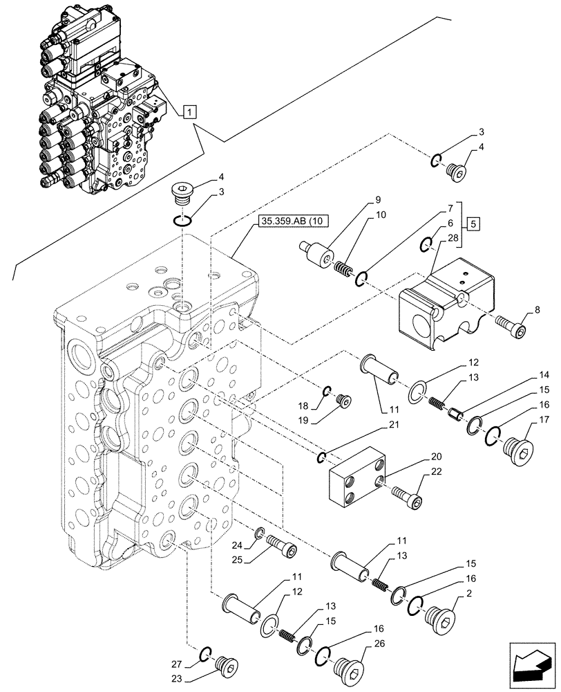 Схема запчастей Case CX130D - (35.359.AB[11]) - VAR - 461863 -CONTROL VALVE, CLAMSHELL BUCKET, ROTATION, W/ ELECTRICAL PROPORTIONAL CONTROL, COMPONENTS (35) - HYDRAULIC SYSTEMS