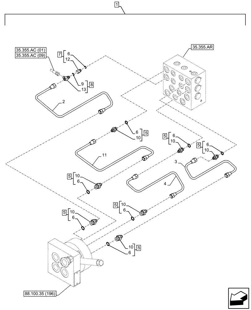 Схема запчастей Case CX250D LC LR - (88.100.35[198]) - DIA KIT, CONTROL PATTERN SELECTION, VALVE, SELECTOR, HYDRAULIC LINE (88) - ACCESSORIES