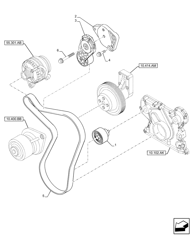 Схема запчастей Case F4HFE6131 B003 - (10.414.AE) - BELT TENSIONER (10) - ENGINE