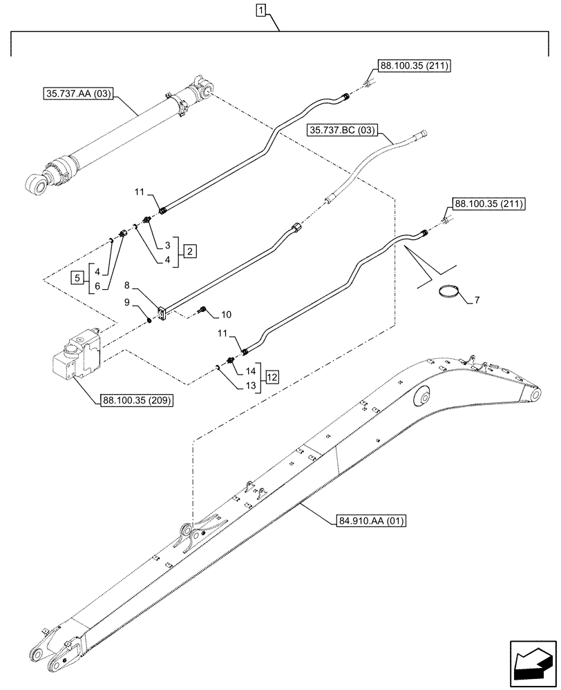 Схема запчастей Case CX210D LC LR - (88.100.35[210]) - DIA KIT, SAFETY VALVE, ARM, LIFT CYLINDER, CHECK VALVE, LINE (88) - ACCESSORIES