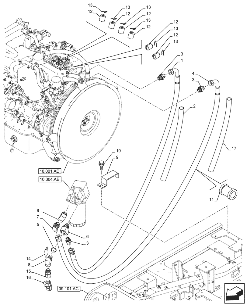 Схема запчастей Case CX210D NLC - (10.304.AF[02]) - VAR - 488034 - ENGINE OIL FILTER, DRAIN LINE (10) - ENGINE