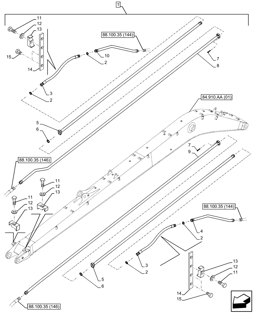 Схема запчастей Case CX250D LC LR - (88.100.35[145]) - DIA KIT, AUXILIARY CIRCUIT, SHEARS, W/ HYDRAULIC CONTROL, BOOM, LINE (88) - ACCESSORIES