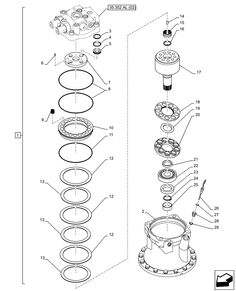 Схема запчастей Case CX210D NLC - (35.352.AL[03]) - SWING REDUCTION UNIT, COMPONENTS (35) - HYDRAULIC SYSTEMS