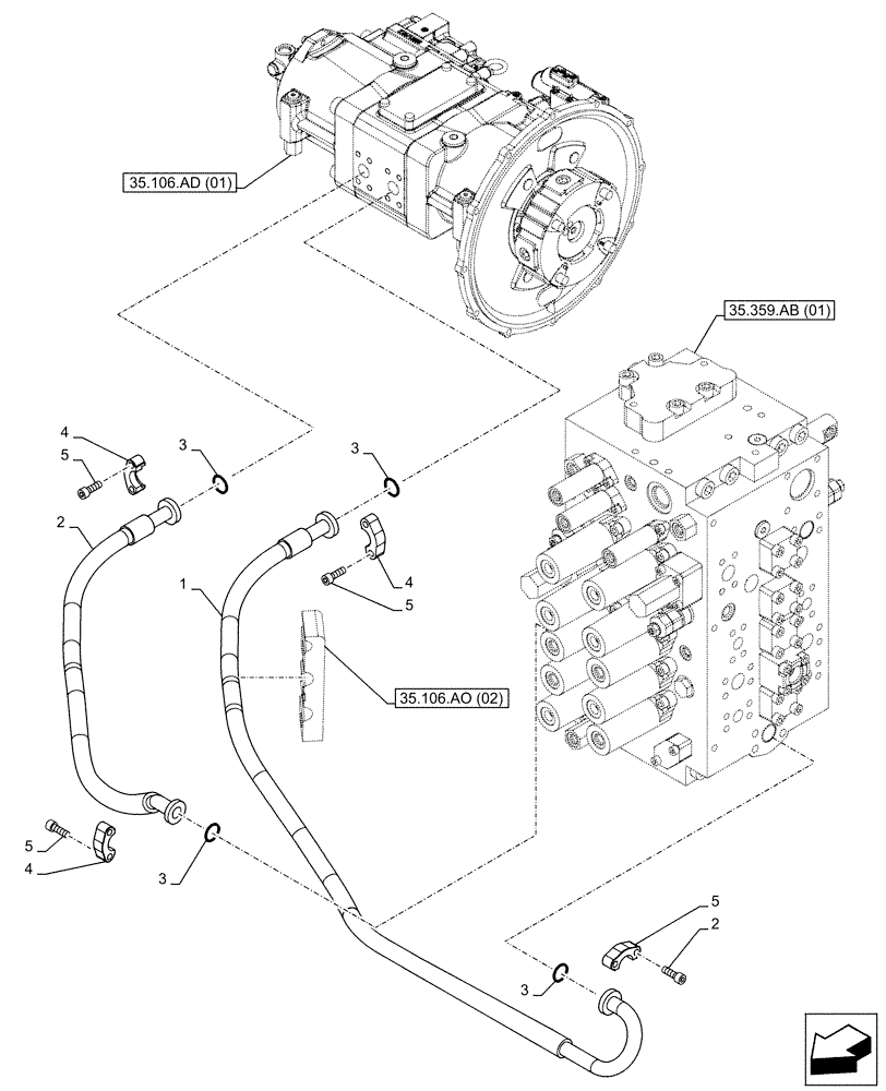 Схема запчастей Case CX210D NLC - (35.106.AO[01]) - VARIABLE DELIVERY HYDRAULIC PUMP, PRESSURE PIPE (35) - HYDRAULIC SYSTEMS