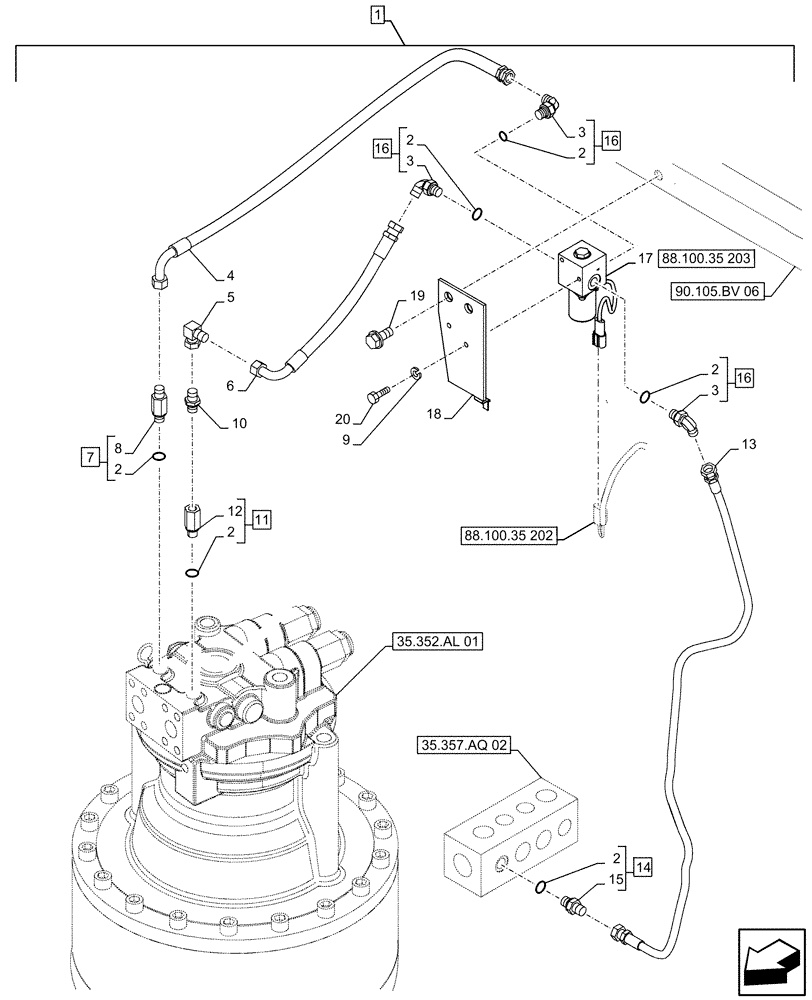 Схема запчастей Case CX490D RTC - (88.100.35[201]) - DIA KIT, FREE SWING, MOTO-REDUCTION GEAR, LOCKOUT SOLENOID VALVE, LINE (88) - ACCESSORIES