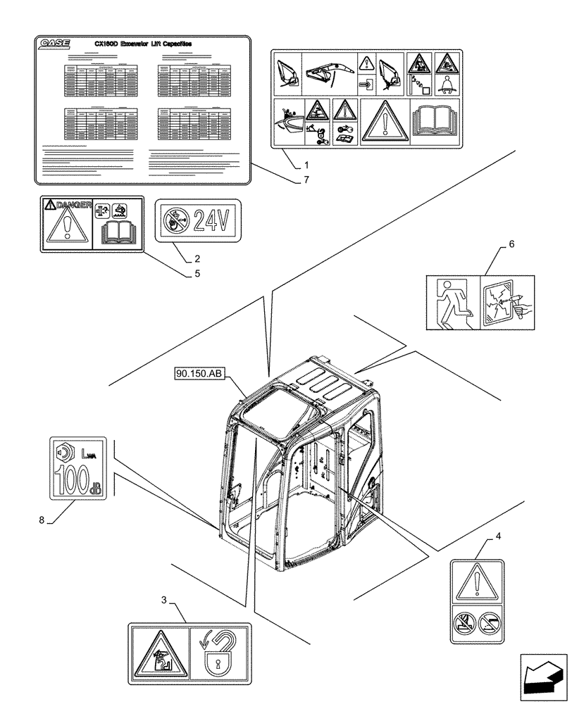Схема запчастей Case CX160D LC - (90.108.AC[07]) - WARNING DECAL (90) - PLATFORM, CAB, BODYWORK AND DECALS