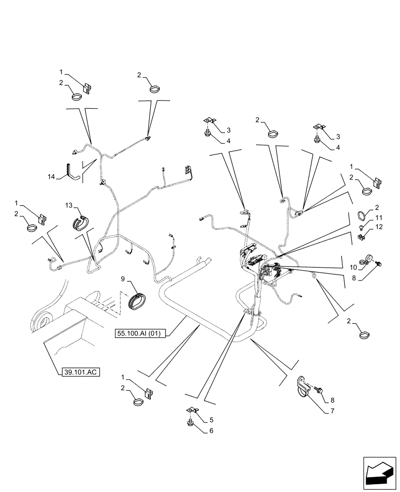 Схема запчастей Case CX210D NLC - (55.100.AI[02]) - MAIN, WIRE HARNESS, CABLE CLIP (55) - ELECTRICAL SYSTEMS