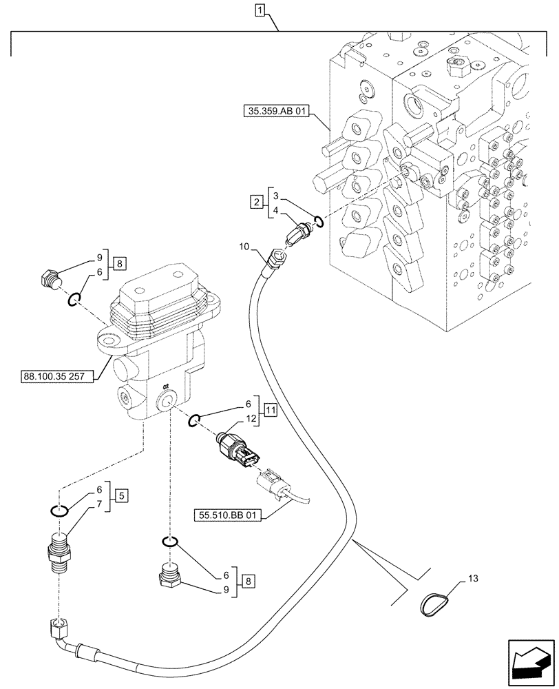 Схема запчастей Case CX500D RTC - (88.100.35[260]) - DIA KIT, HAMMER CIRCUIT, W/ HYDRAULIC CONTROL, FOOT CONTROL VALVE, LINE, PRESSURE RELIEF VALVE, SENSOR (88) - ACCESSORIES