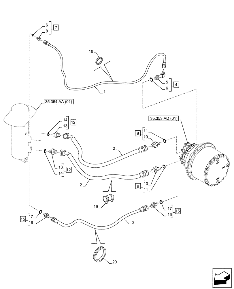 Схема запчастей Case CX210D NLC - (35.353.AE[01]) - TRAVEL MOTOR & REDUCTION GEAR, LINES, LH (35) - HYDRAULIC SYSTEMS