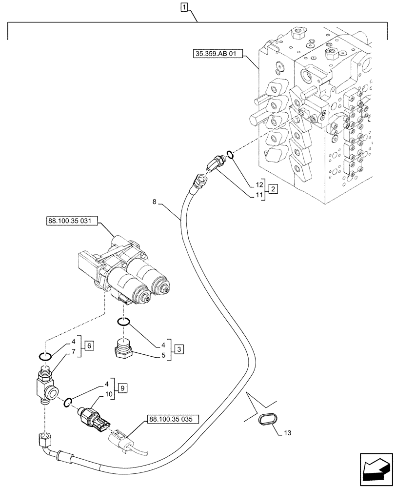 Схема запчастей Case CX490D RTC - (88.100.35[034]) - DIA KIT, HAMMER CIRCUIT, W/ ELECTRICAL PROPORTIONAL CONTROL, SOLENOID VALVE, LINE, PRESSURE RELIEF VALVE, SENSOR (88) - ACCESSORIES