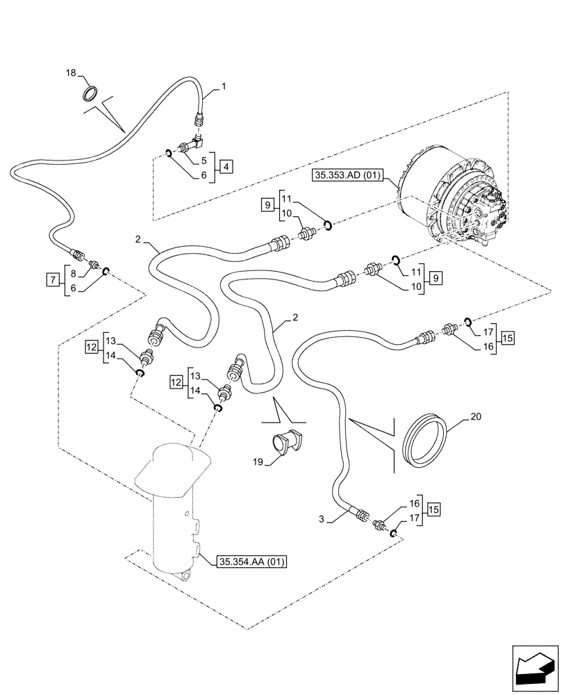 Схема запчастей Case CX210D NLC - (35.353.AE[02]) - TRAVEL MOTOR & REDUCTION GEAR, LINES, RH (35) - HYDRAULIC SYSTEMS