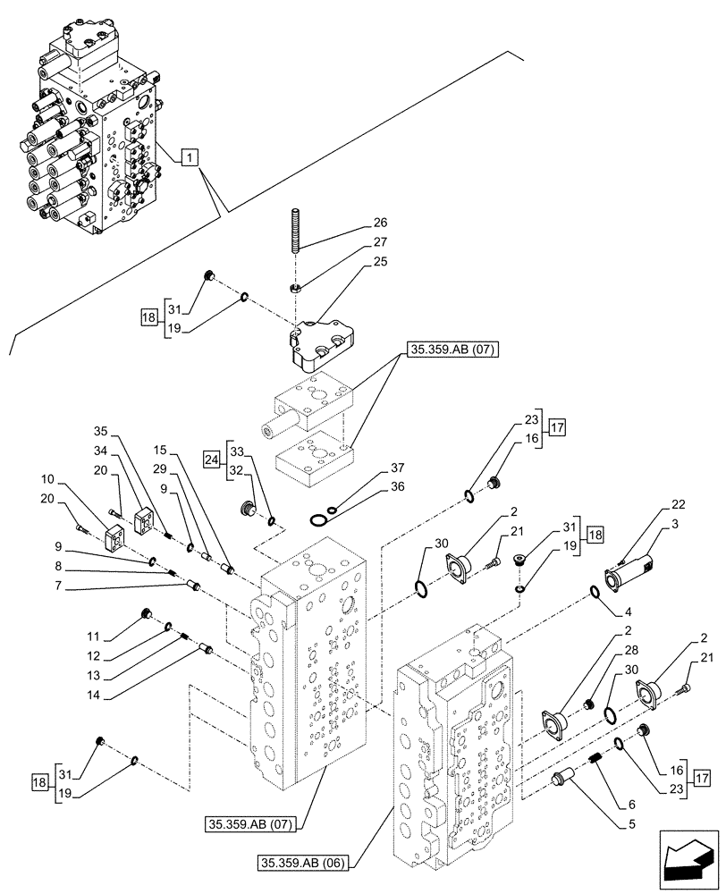 Схема запчастей Case CX210D LC LR - (35.359.AB[08]) - VAR - 461863, 461557 - CONTROL VALVE, CLAMSHELL BUCKET, ROTATION, COMPONENTS (35) - HYDRAULIC SYSTEMS