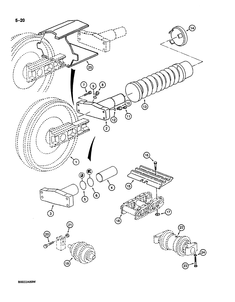 Схема запчастей Case 125B - (5-20) - TRACK ADJUSTMENT CYLINDER AND TRACK SHOES, P.I.N. 74937 THROUGH 74963, 21801 THROUGH 21806 (11) - TRACKS/STEERING