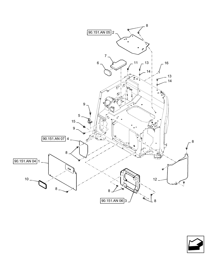 Схема запчастей Case CX36B - (90.151.AN[08]) - CONTROLS, OPERATORS - CANOPY (90) - PLATFORM, CAB, BODYWORK AND DECALS