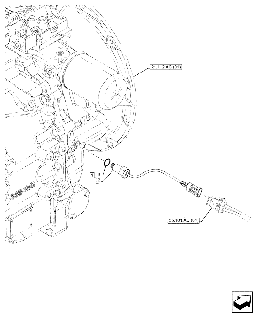 Схема запчастей Case 580SN WT - (55.047.AL[01]) - VAR - 423058, 423059 - TRANSMISSION, POWERSHUTTLE, COMFORT STEER, SENSOR (55) - ELECTRICAL SYSTEMS