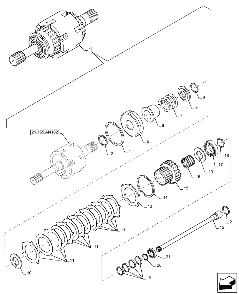 Схема запчастей Case 590SN - (21.155.AN[03]) - VAR - 423062 - TRANSMISSION, POWERSHIFT, INPUT SHAFT, COMPONENTS (21) - TRANSMISSION