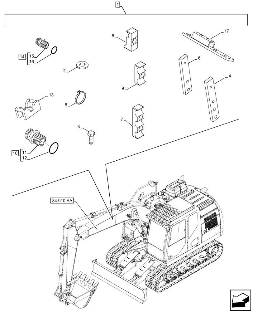 Схема запчастей Case CX250D LC LR - (88.100.35[090]) - DIA KIT, CLAMSHELL BUCKET, ROTATION, W/ ELECTRICAL PROPORTIONAL CONTROL, CLAMP, PLUG, ADAPTER (88) - ACCESSORIES