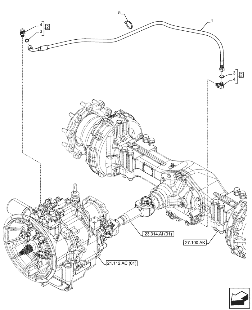 Схема запчастей Case 580SN - (27.106.AN[01]) - VAR - 423058 - TRANSMISSION, POWERSHUTTLE, DIFFERENTIAL LOCK, OIL, SUCTION PIPE (27) - REAR AXLE SYSTEM