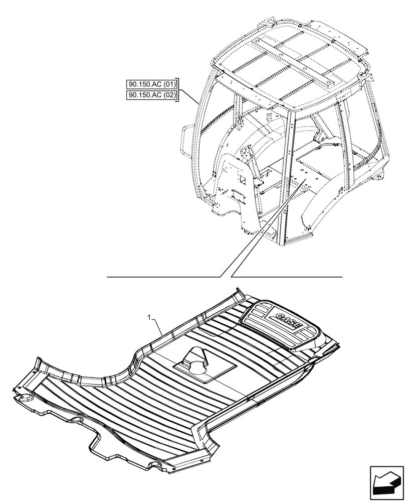 Схема запчастей Case 590SN - (90.150.AW[02]) - VAR - 747853, 747854, 747855 - CAB, FLOOR MAT, CARDBOARD (90) - PLATFORM, CAB, BODYWORK AND DECALS