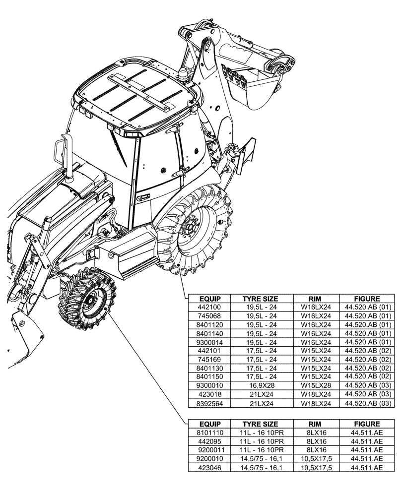 Схема запчастей Case 580SN - (00.000.44) - PICTORIAL INDEX - WHEELS 2WD (00) - GENERAL & PICTORIAL INDEX