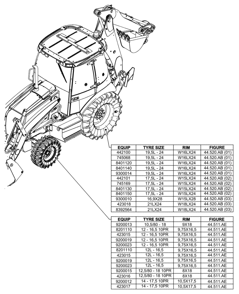 Схема запчастей Case 580SN - (00.000.44) - PICTORIAL INDEX - WHEELS 4WD (00) - GENERAL & PICTORIAL INDEX