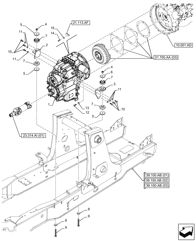 Схема запчастей Case 590SN - (21.113.AD[01]) - VAR - 423062 - TRANSMISSION, POWERSHIFT, SUPPORT, 4WD (21) - TRANSMISSION