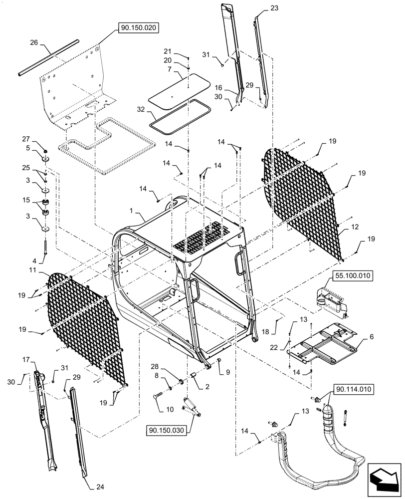 Схема запчастей Case SR270 - (90.150.010) - CAB FRAME & COMPONENTS (90) - PLATFORM, CAB, BODYWORK AND DECALS