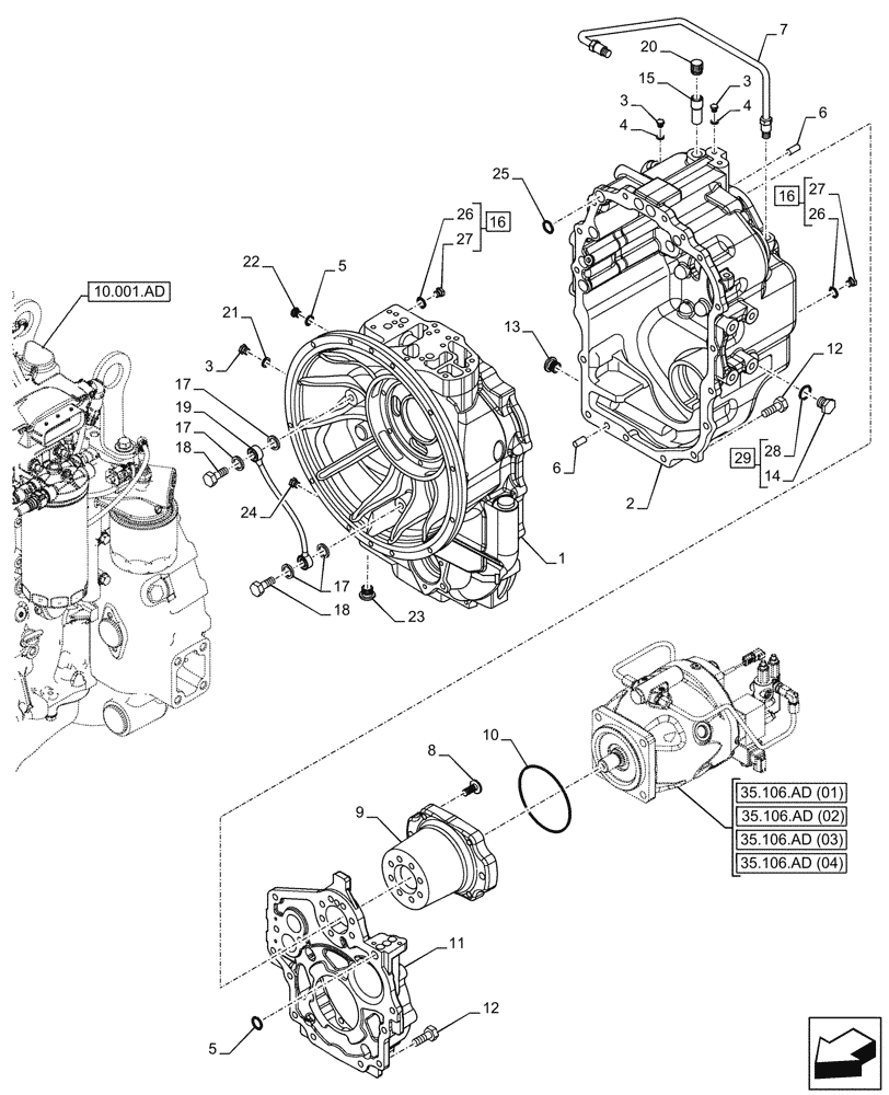 Схема запчастей Case 580SN - (21.112.AC[02]) - VAR - 423059 - TRANSMISSION, POWERSHUTTLE, HOUSING, 4WD (21) - TRANSMISSION