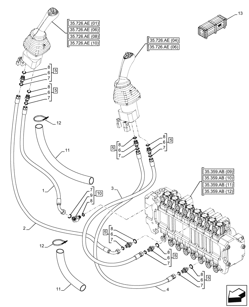Схема запчастей Case 590SN - (35.357.AK[01]) - VAR - 423078, 747669 - PILOT CONTROLS, JOYSTICK, LINE (35) - HYDRAULIC SYSTEMS