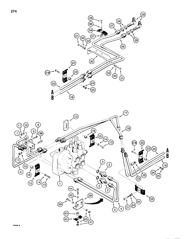 Схема запчастей Case 1150D - (274) - TILT HYDRAULIC CIRCUIT - TILT DOZER MODELS, CONTROL VALVE TO GRILLE (08) - HYDRAULICS