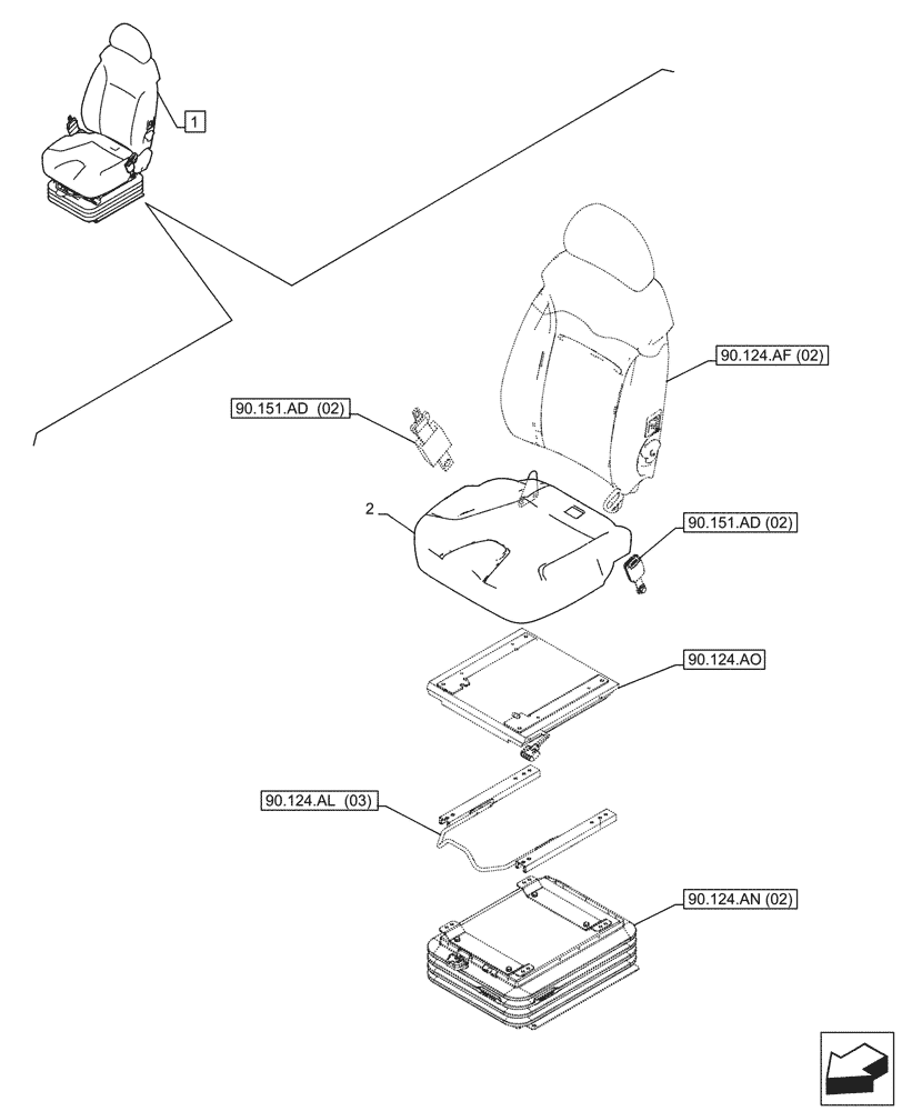 Схема запчастей Case CX210D LC - (90.124.AH[02]) - VAR - 488035 - SEAT CUSHION (90) - PLATFORM, CAB, BODYWORK AND DECALS